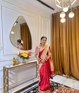 Designer Banarasi Tissue Saree with Pearl Work on all over Body with Intricate Border and Pallu Design Along with Gotta Patti Lace Work