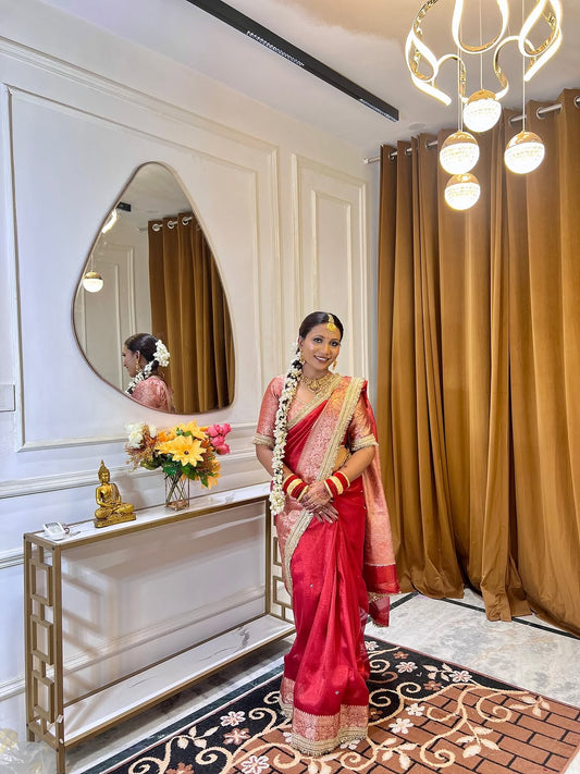 Designer Banarasi Tissue Saree with Pearl Work on all over Body with Intricate Border and Pallu Design Along with Gotta Patti Lace Work