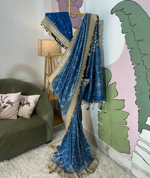 Teal Blue Designer Georgette Katan Silk Saree with Gota Patti and Coin lace