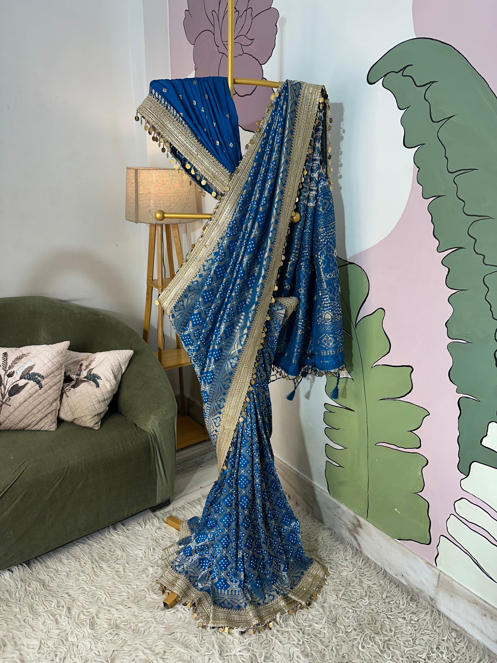 Teal Blue Designer Georgette Katan Silk Saree with Gota Patti and Coin lace