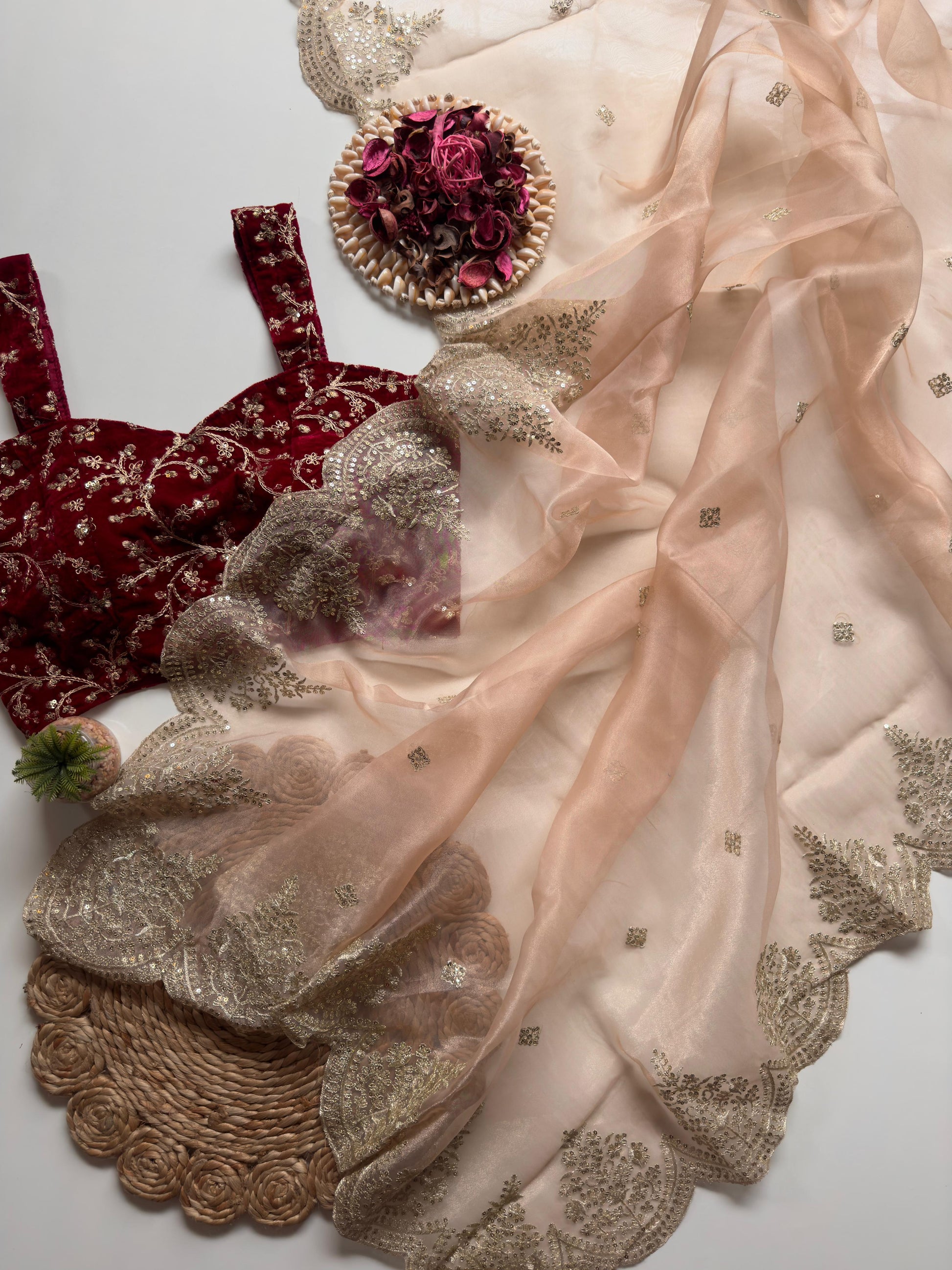 Pure Soft Orgenza Tissue With Zari Sequnce Thread Work And Scalp Border