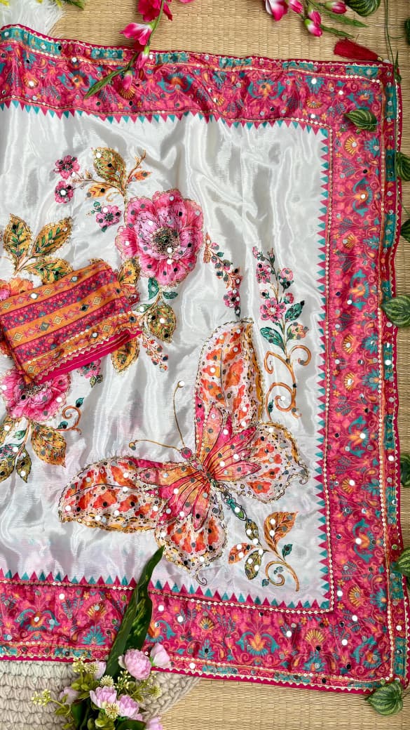 Soft Chinnon saree with hand ari work