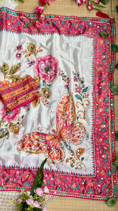 Soft Chinnon saree with hand ari work