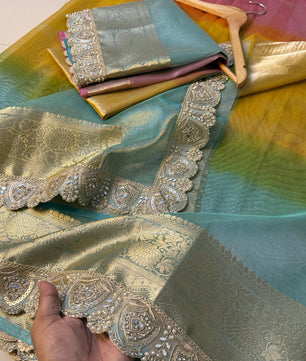 Premium 3D Multi Shade Glass Tissue Saree with Soft Mirror Lace Border