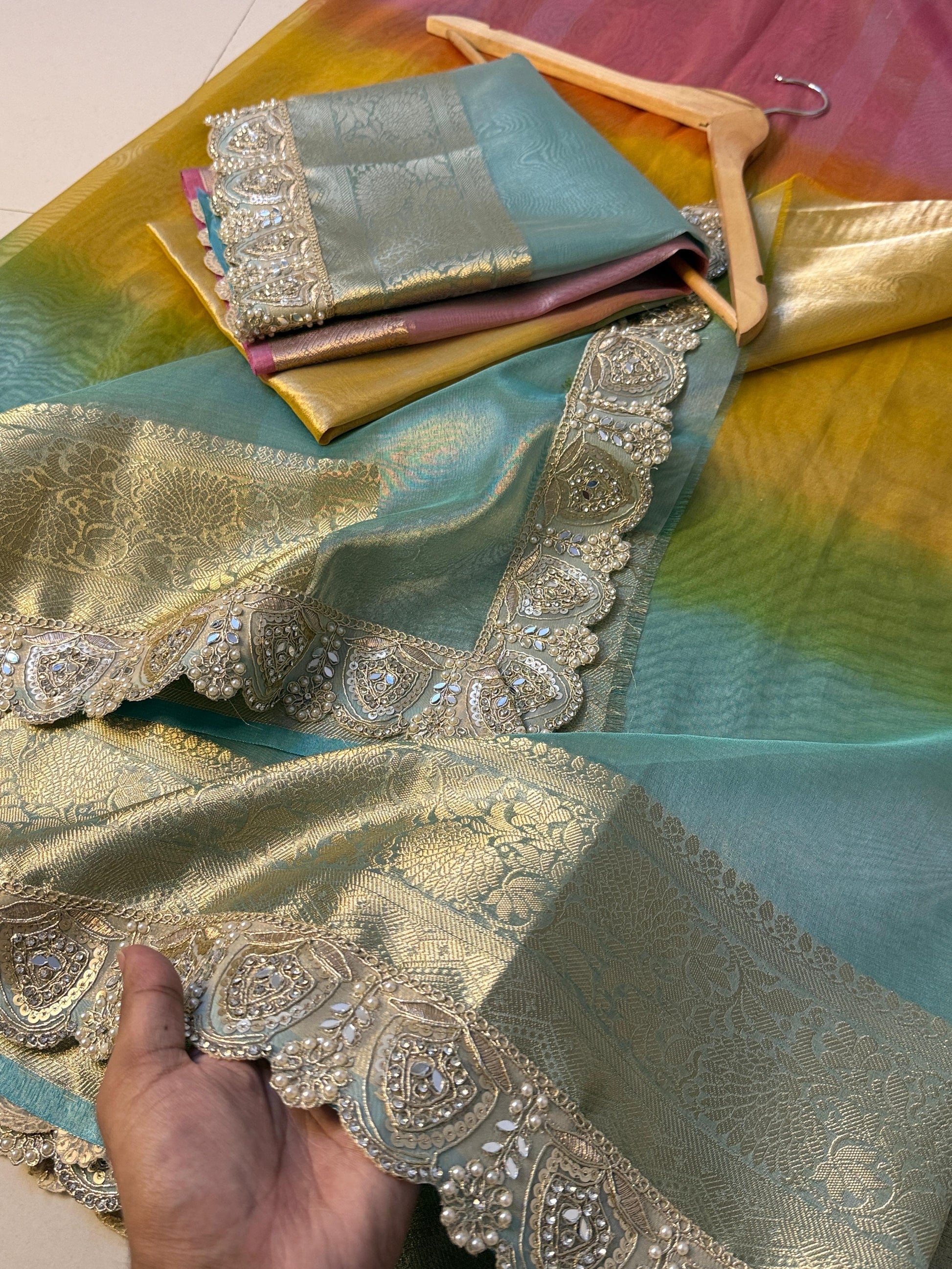 Premium 3D Multi Shade Glass Tissue Saree with Soft Mirror Lace Border