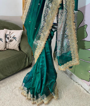 Designer Banarasi Tissue Saree with Pearl Work on All Over Body with Intricate Border and Pallu Design Along with Gotta Patti Lace Work