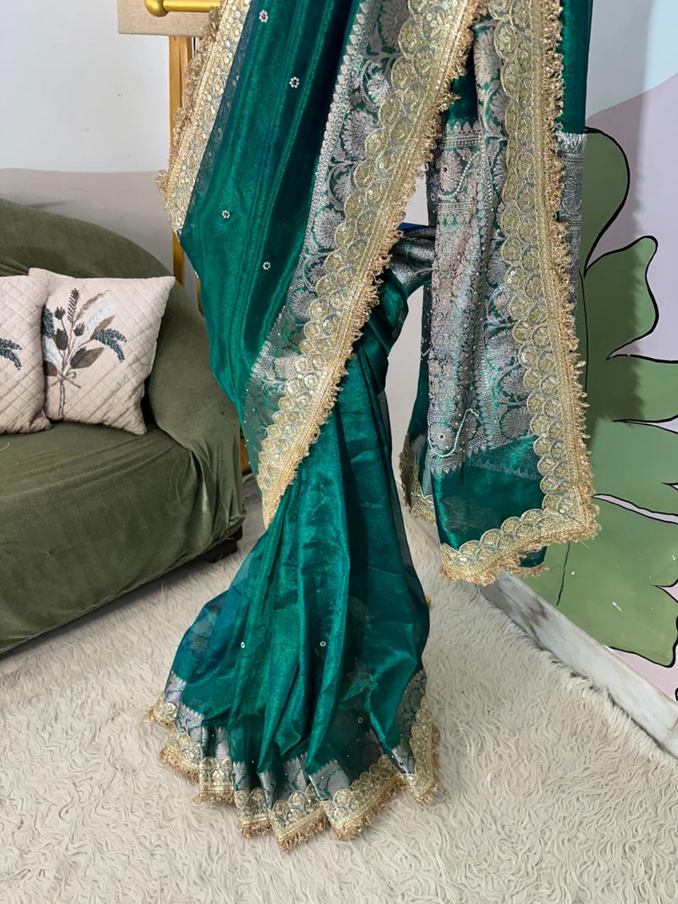 Designer Banarasi Tissue Saree with Pearl Work on All Over Body with Intricate Border and Pallu Design Along with Gotta Patti Lace Work