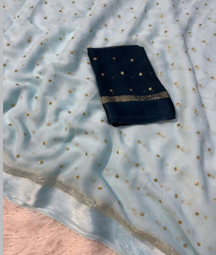 Premium Satin Patta Pure Viscose Georgette Saree with Sequins Butti & Designer Contrast Blouse