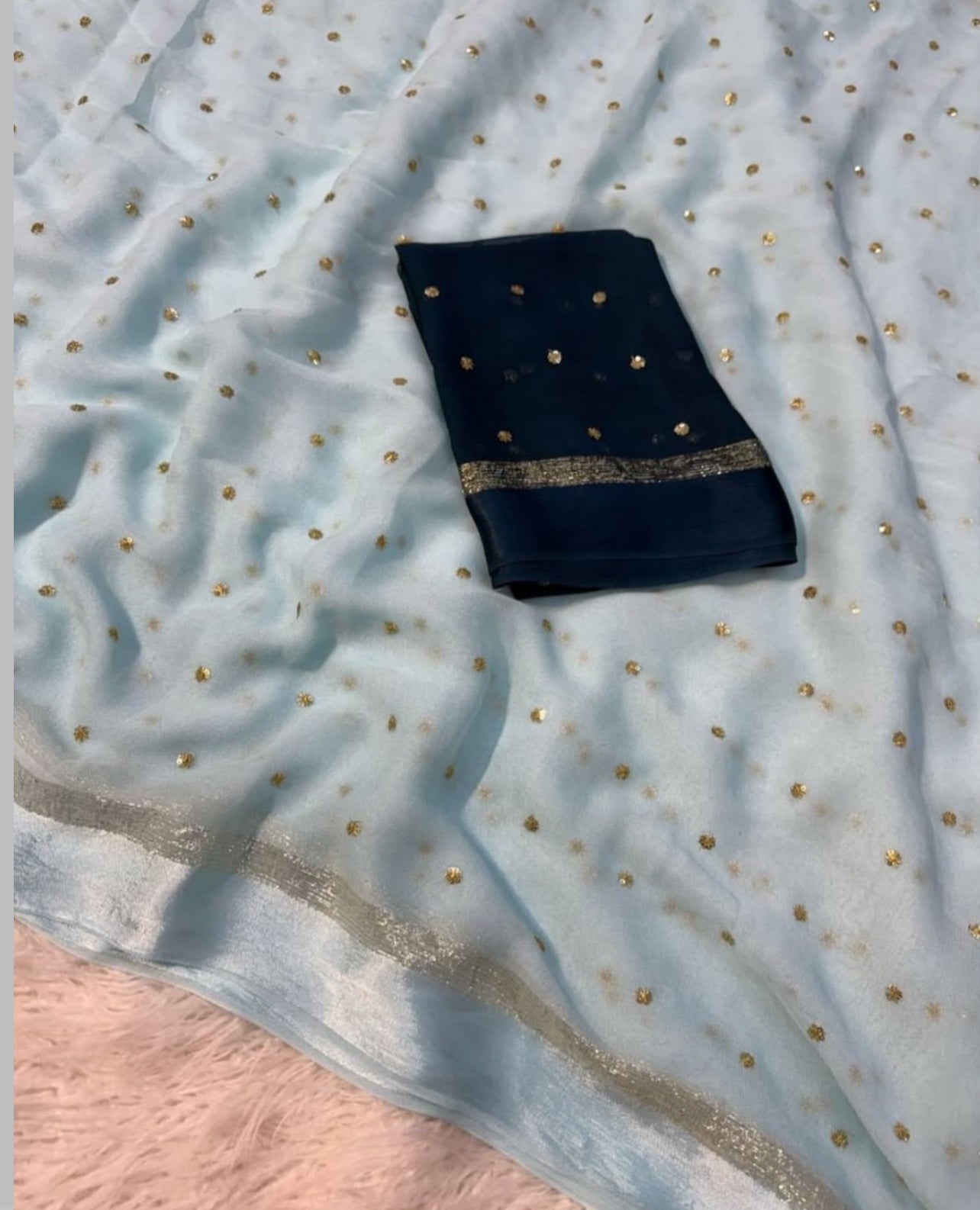 Premium Satin Patta Pure Viscose Georgette Saree with Sequins Butti & Designer Contrast Blouse