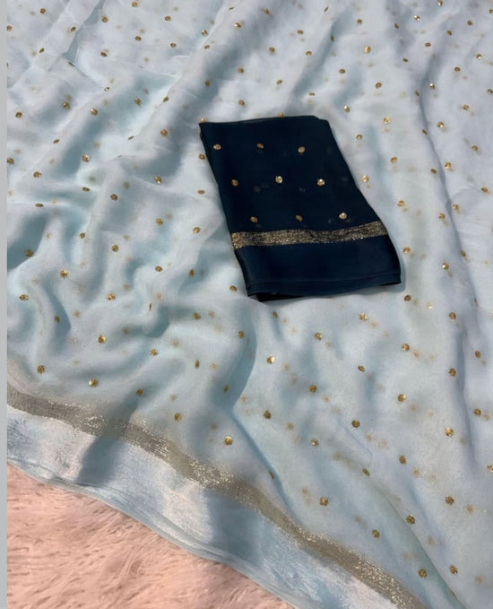 Premium Satin Patta Pure Viscose Georgette Saree with Sequins Butti & Designer Contrast Blouse