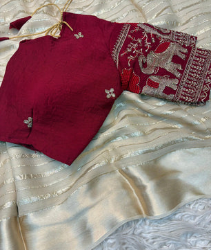 Pure Viscose Georgette Silk Beads Work Blouse Designer Saree