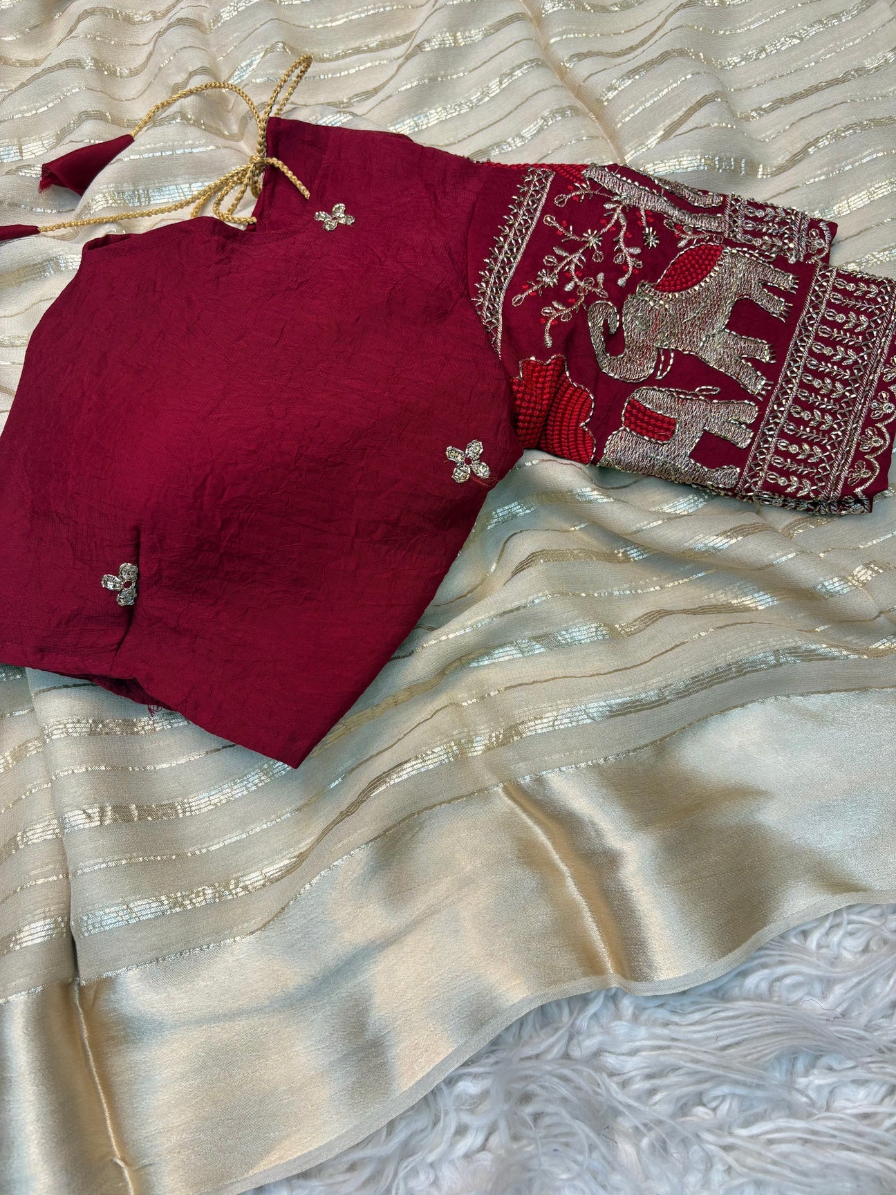 Pure Viscose Georgette Silk Beads Work Blouse Designer Saree