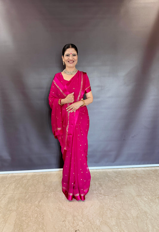 Premium Satin Patta Pure Viscose Georgette Saree with Sequins Butti & Designer Contrast Blouse