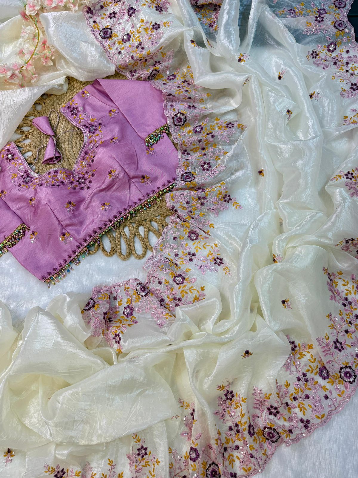 Gold crush soft Silk & Enhanced With embroidery , thread Work And sequence With Resham In Floral co