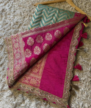 Katan Georgette Silk Saree with Scallop lace handwork, 
Latkan handwork pallu