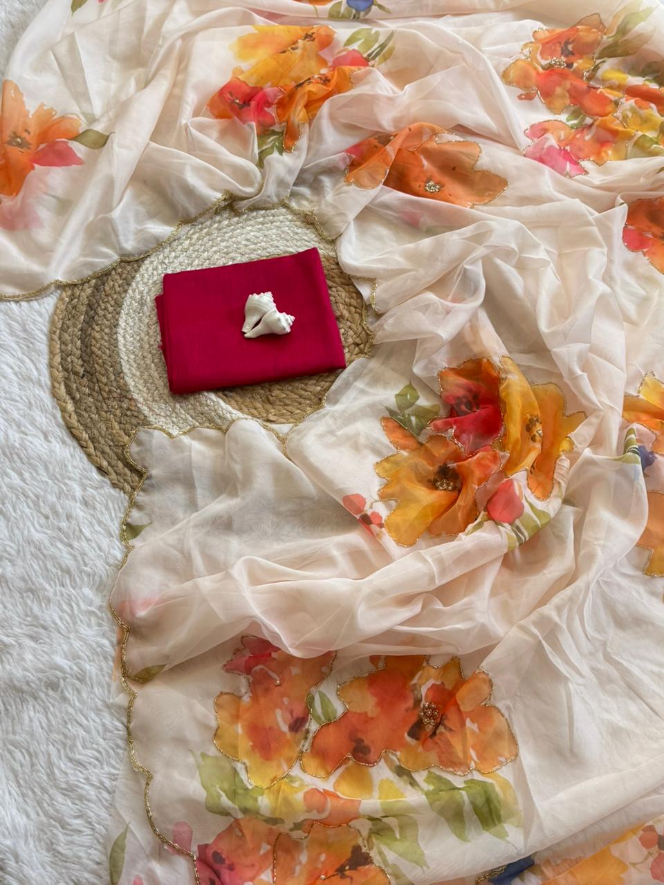 SUPER HIT FLOWER HANDWORK CUT DANA ROSE SOFT TABI ORGANZA HANDWORK SAREE*