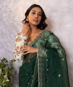 Soft organza saree cover with heavy hand crafted work all over and print silk unstitch blouse