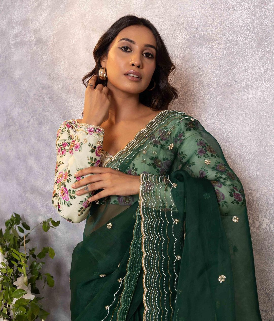 Soft organza saree cover with heavy hand crafted work all over and print silk unstitch blouse