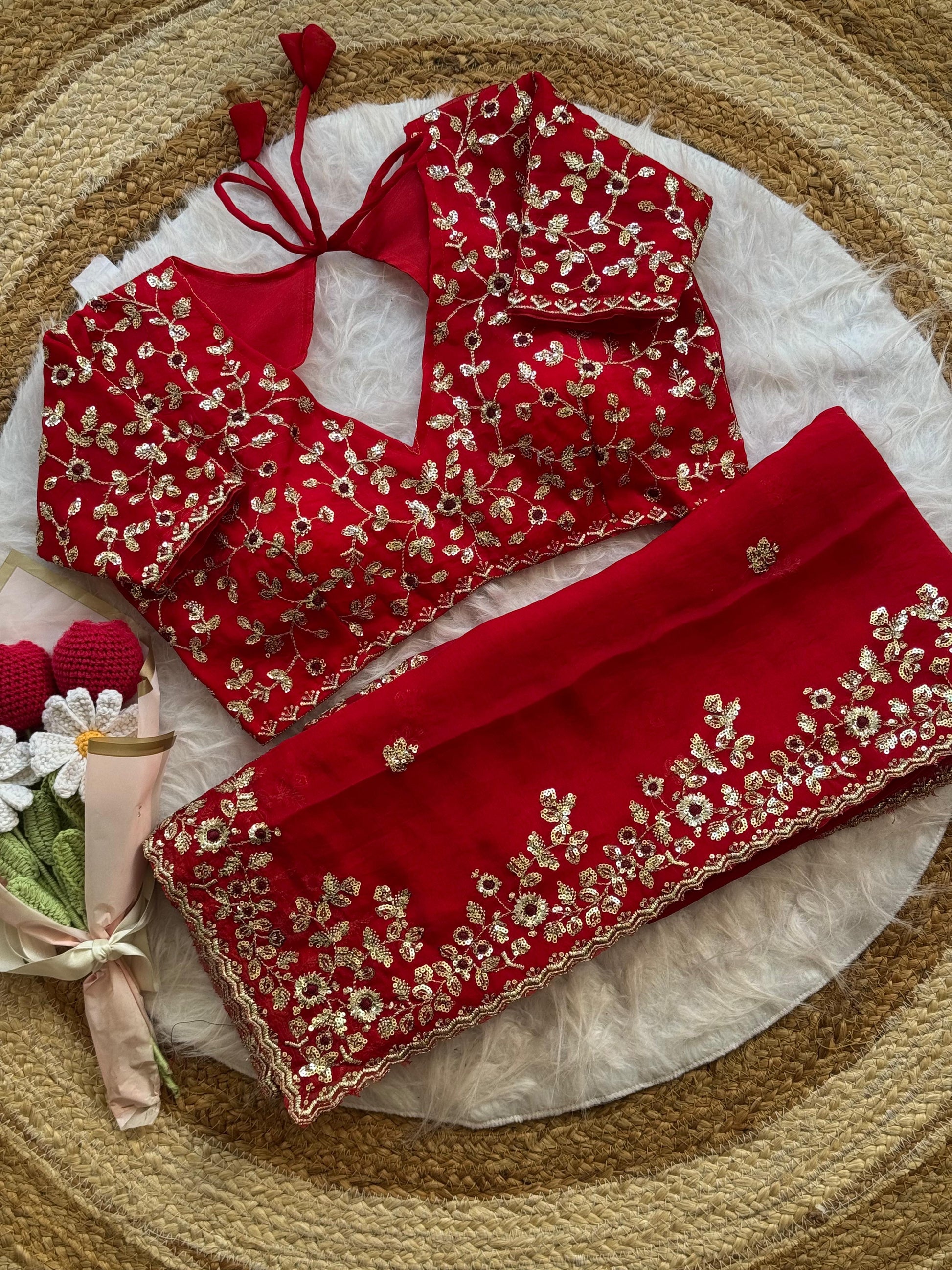 Soft Fendy Chiffon Saree With Heavy Embroidery Sequins And Thread Work All Over The Saree And Scallop Border*