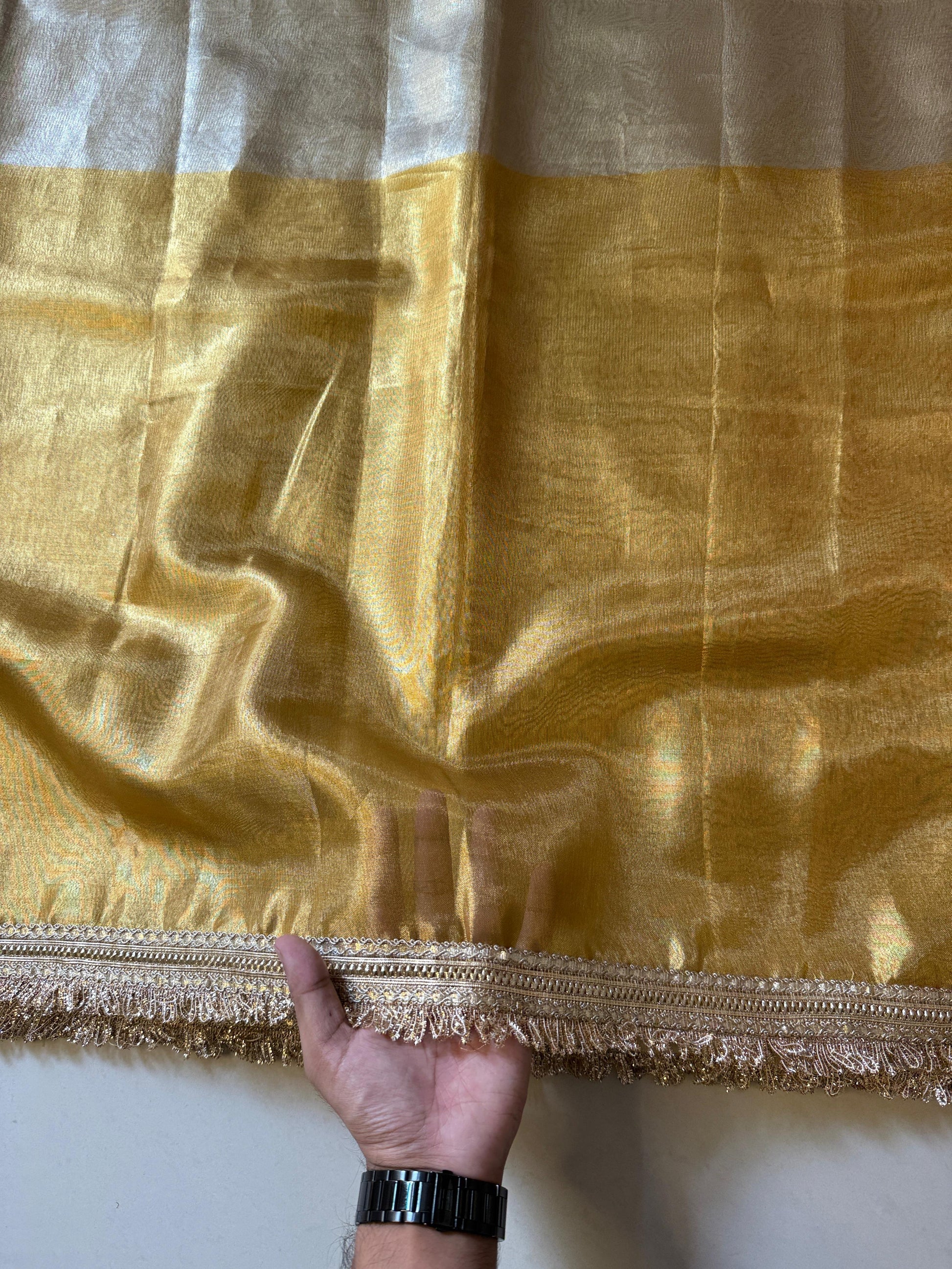 Two Tone Metallic Banarasi Tissue Soft Silk Saree with Gotapatti + Uljhan lace work