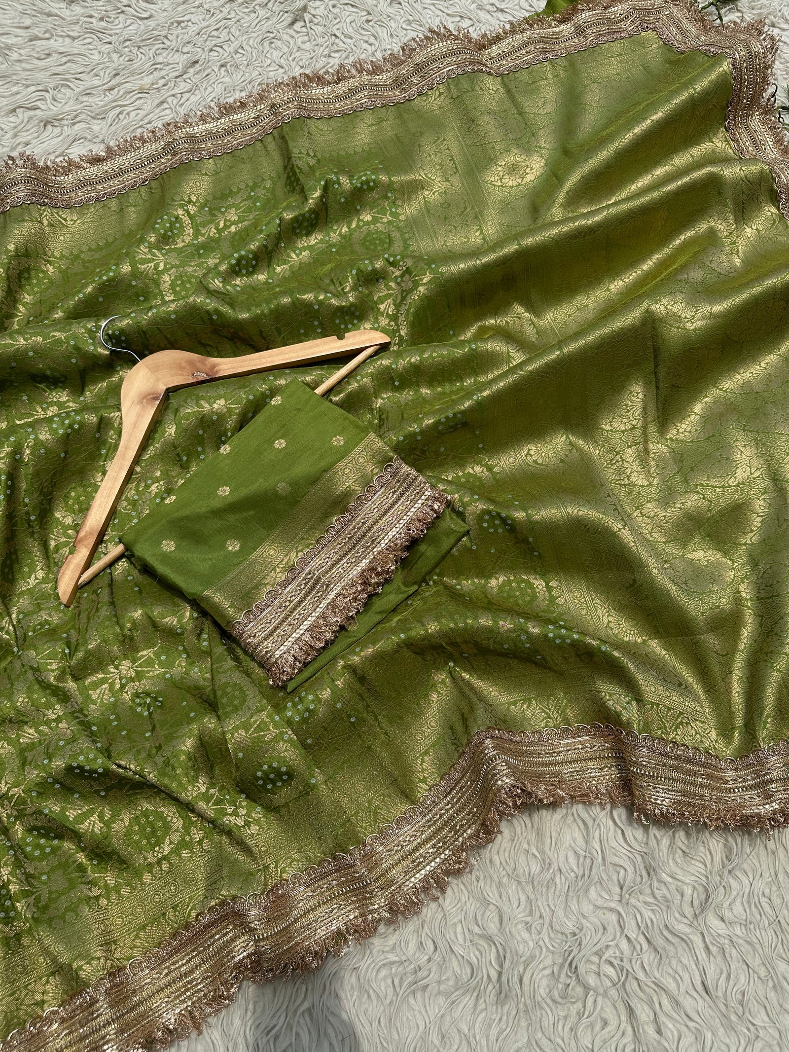 Mehndi Green Designer Georgette Katan Silk Saree with Gota Patti