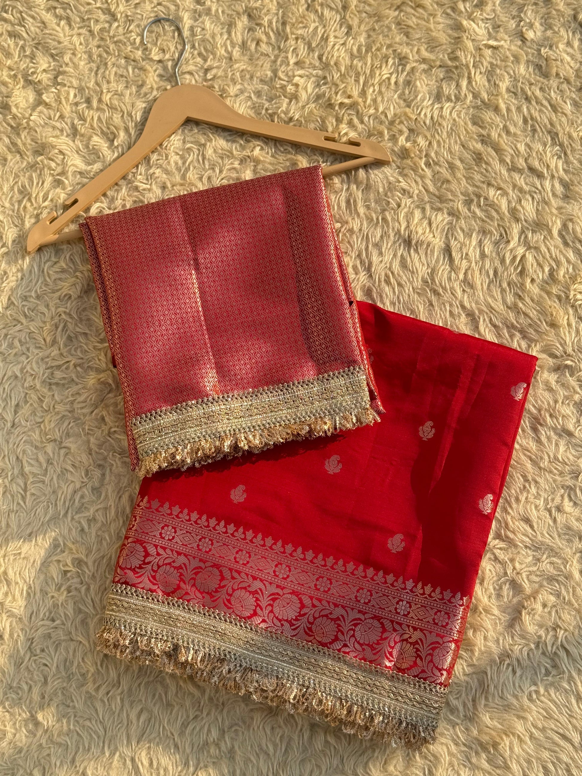 Soft Silk Saree In Red with Lace Work