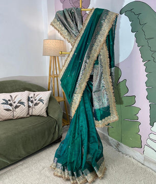 Designer Banarasi Tissue Saree with Pearl Work on All Over Body with Intricate Border and Pallu Design Along with Gotta Patti Lace Work