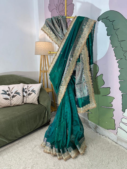 Designer Banarasi Tissue Saree with Pearl Work on All Over Body with Intricate Border and Pallu Design Along with Gotta Patti Lace Work