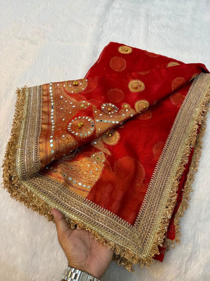 Metallic Banarasi Soft Glass Tissue Saree x Ghungroo Handwork x Lacework x Mirror & Moti Handwork
