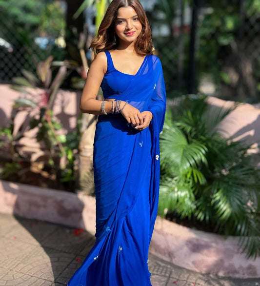 SOFT GEORGETTE DINNER SAREE WITH HANDWORK CUT DANA LEAF WITH SILVER CUT DANA HANDWORK