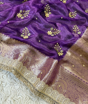 100%Pure Banarasi Tissue Saree with Hand Work on all over Body with Intricate Border and Pallu Design Along with Gotta Patti Lace Work