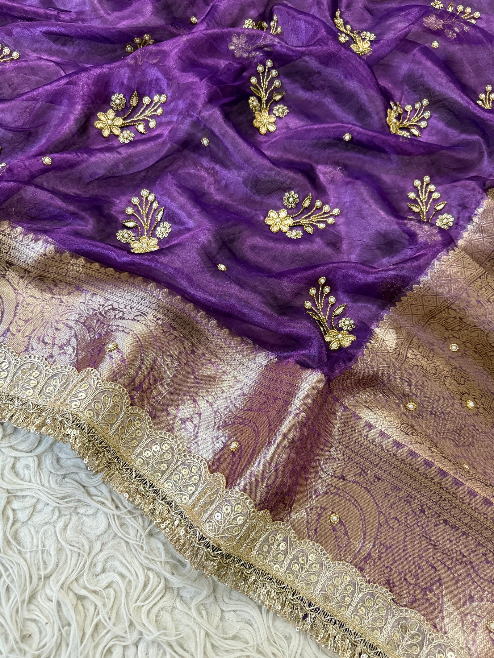 100%Pure Banarasi Tissue Saree with Hand Work on all over Body with Intricate Border and Pallu Design Along with Gotta Patti Lace Work