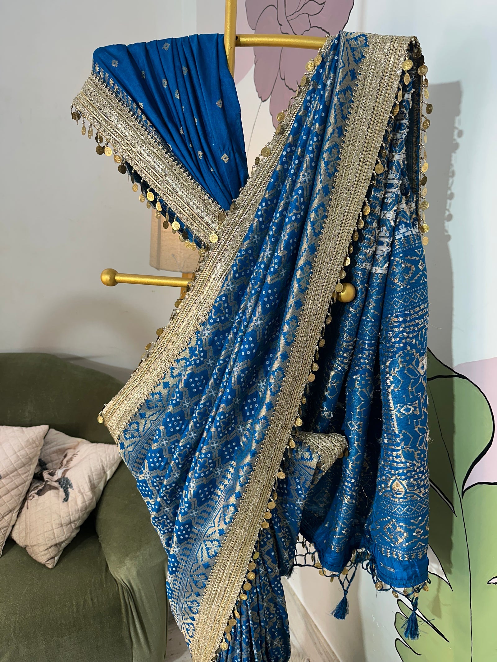 Teal Blue Designer Georgette Katan Silk Saree with Gota Patti and Coin lace