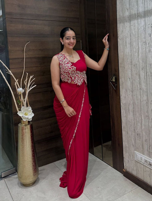 Elegant Pink Heavy Rangoli Embroidered Ready-to-Wear Saree for Weddings & Parties