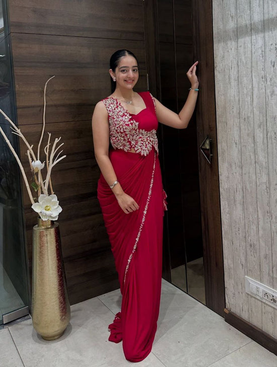 Elegant Pink Heavy Rangoli Embroidered Ready-to-Wear Saree for Weddings & Parties