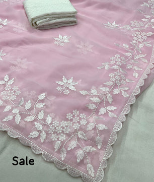 Light color georgette saree with white thread c-pallu.