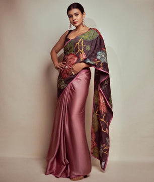 Black Satin Hand Embroidery Bead Kalamkari printed Saree With &nbsp;blouse