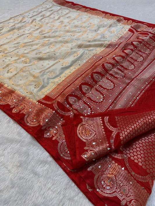Most Demanded Handwork Banarasi Semi khaddi Katan Georgette Soft Silk Saree With Mirror & moti Handwork
Designer Rich Pallu