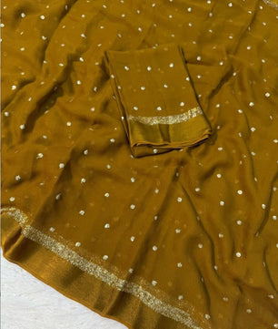 Premium Satin Patta Pure Viscose Georgette Saree with Sequins Butti & Designer Contrast Blouse