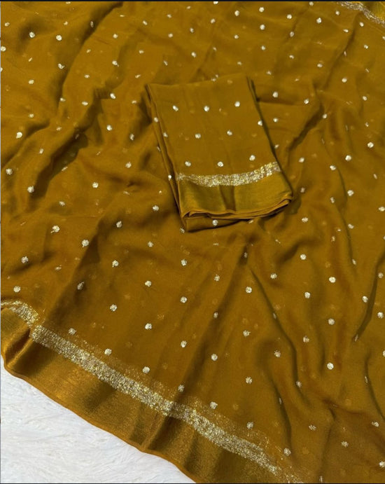 Premium Satin Patta Pure Viscose Georgette Saree with Sequins Butti & Designer Contrast Blouse