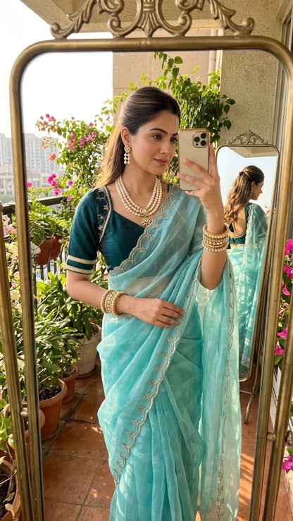 Very Soft nd Elegant Rich look Rimzim Silk fabric with beautiful hand work khatli cutdana heavy border