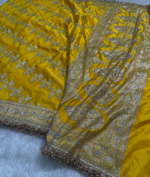 Banarasi Soft Mashru Katan Silk in Marigold Yellow.
Handwoven buta motifs