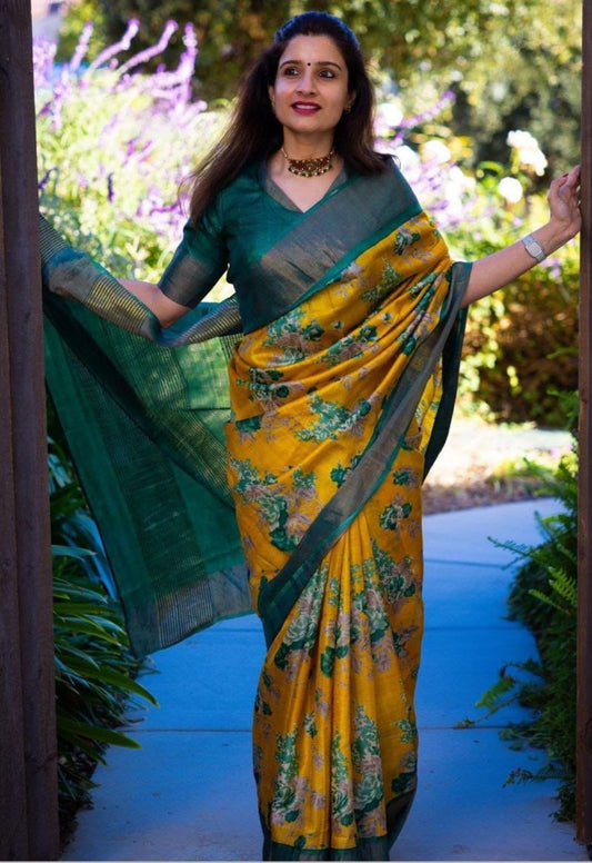 Beautiful saree with gold zari border