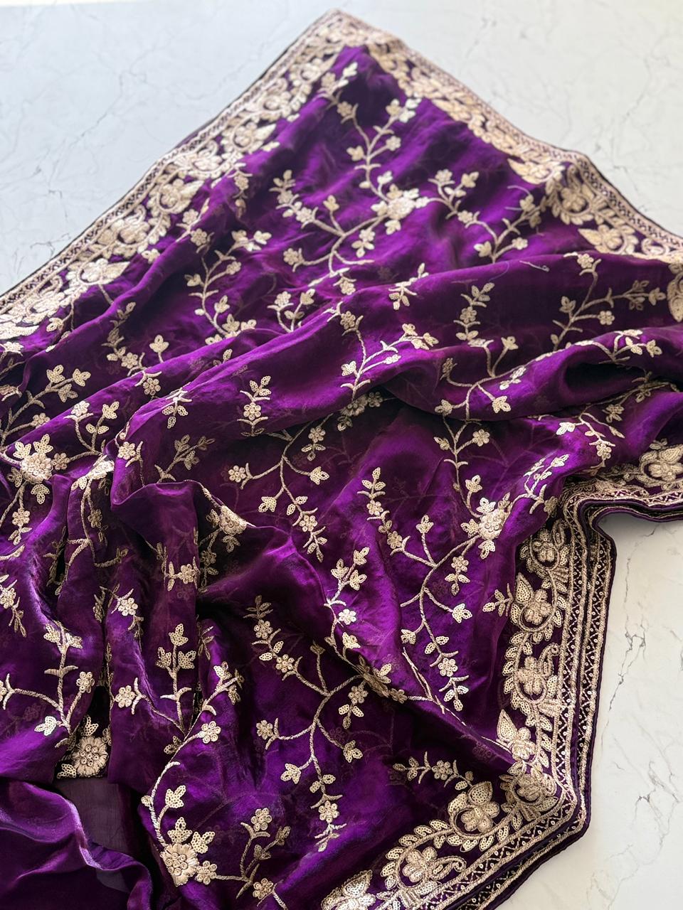 Primium Pure Fendi Satin Saree With Mutly Thread and Sequence Work