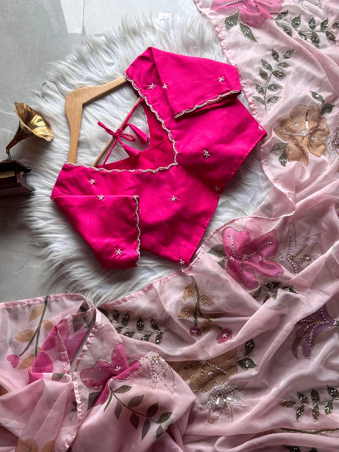 Tabby Silk Rose Print Peachy Pink Sari