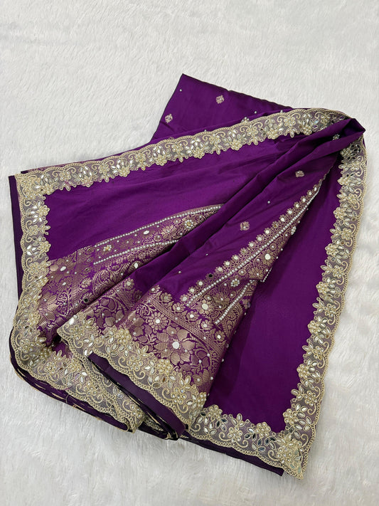 Presenting Timeless Banarasi Semi Katan Soft Silk Lace work Saree