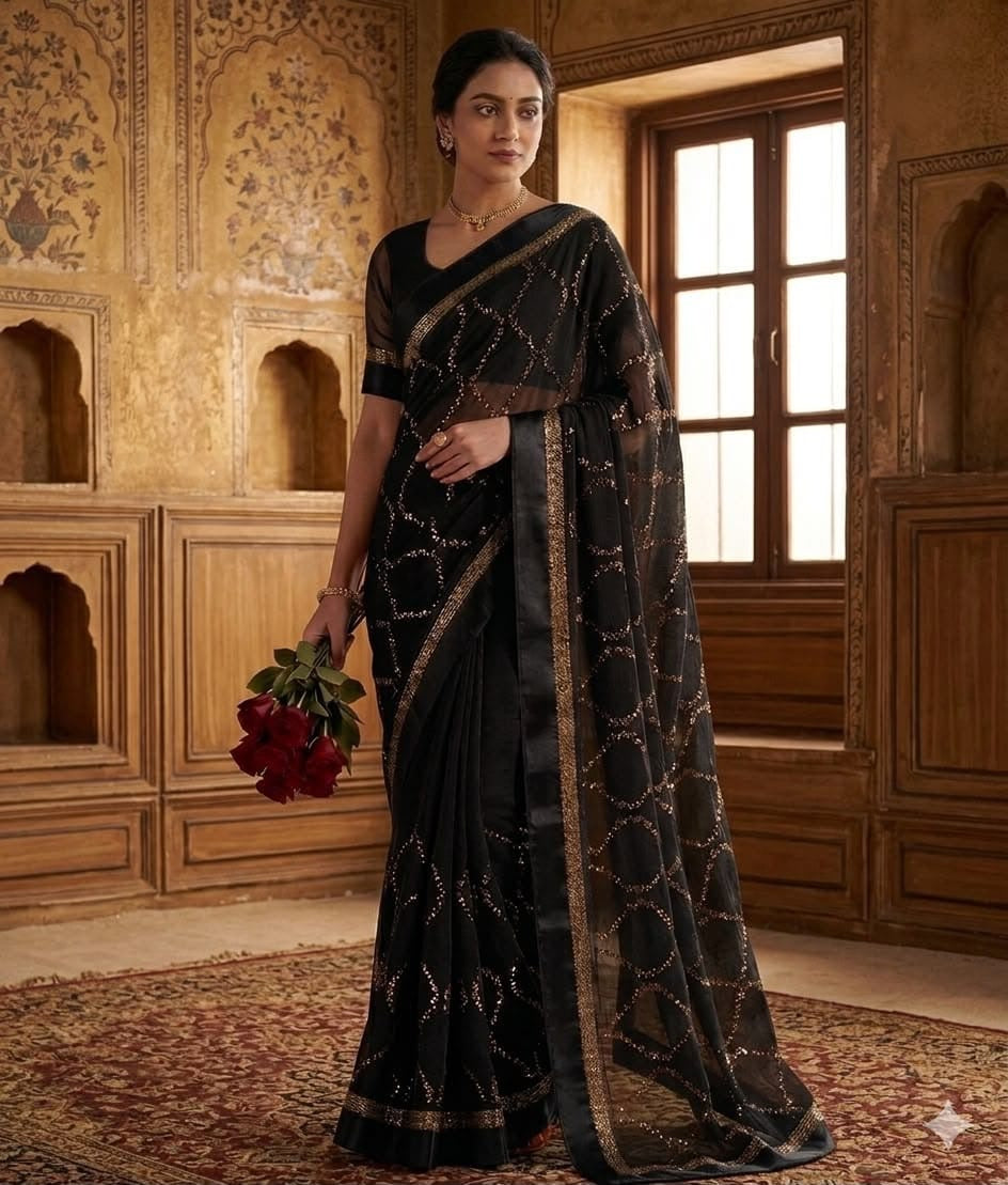 Pure Viscose Georgette Sattin Patta With Lahriya Concept Sequins