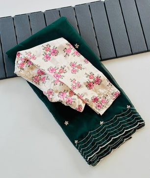 Soft organza saree cover with heavy hand crafted work all over and print silk unstitch blouse