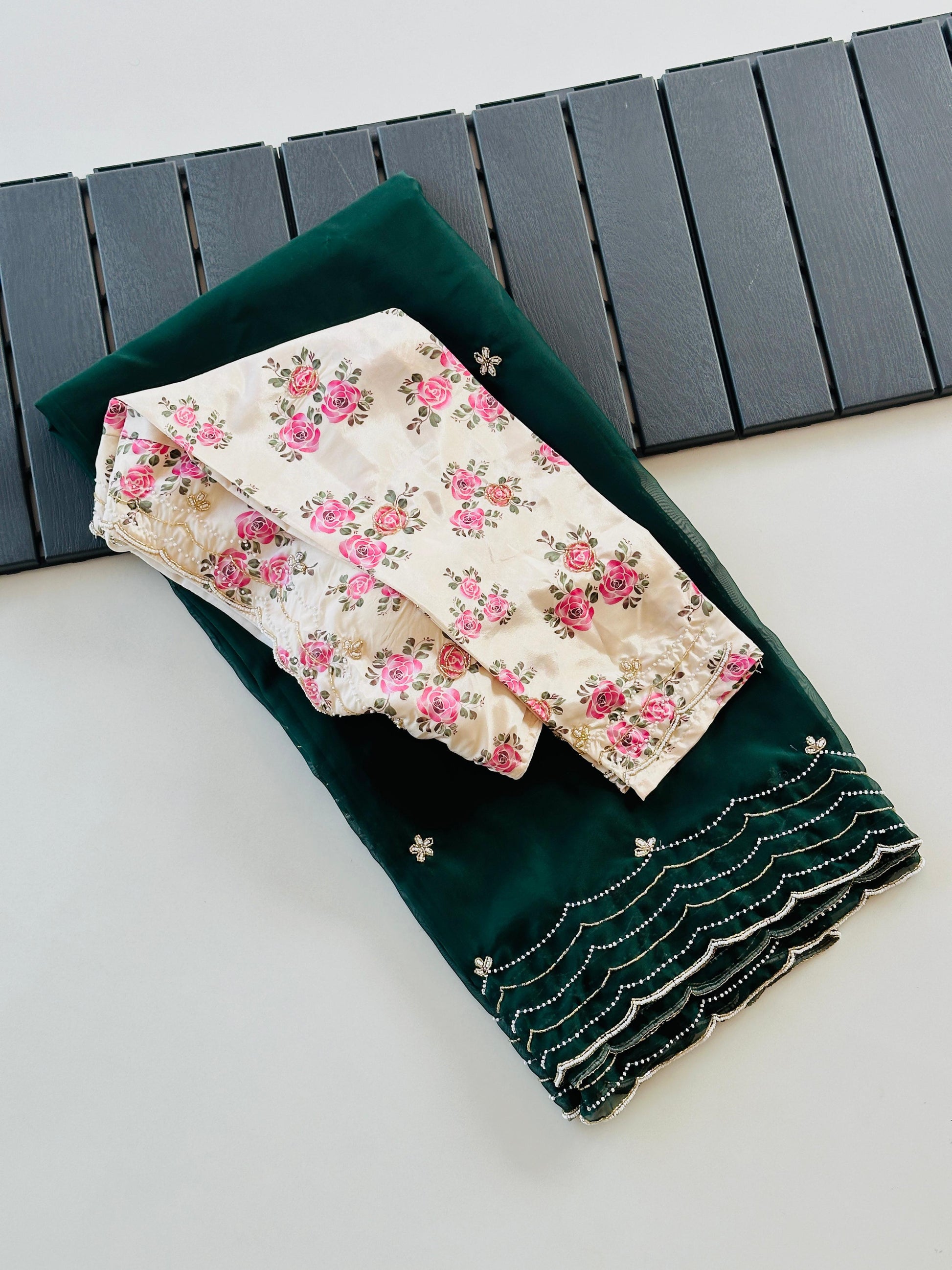 Soft organza saree cover with heavy hand crafted work all over and print silk unstitch blouse