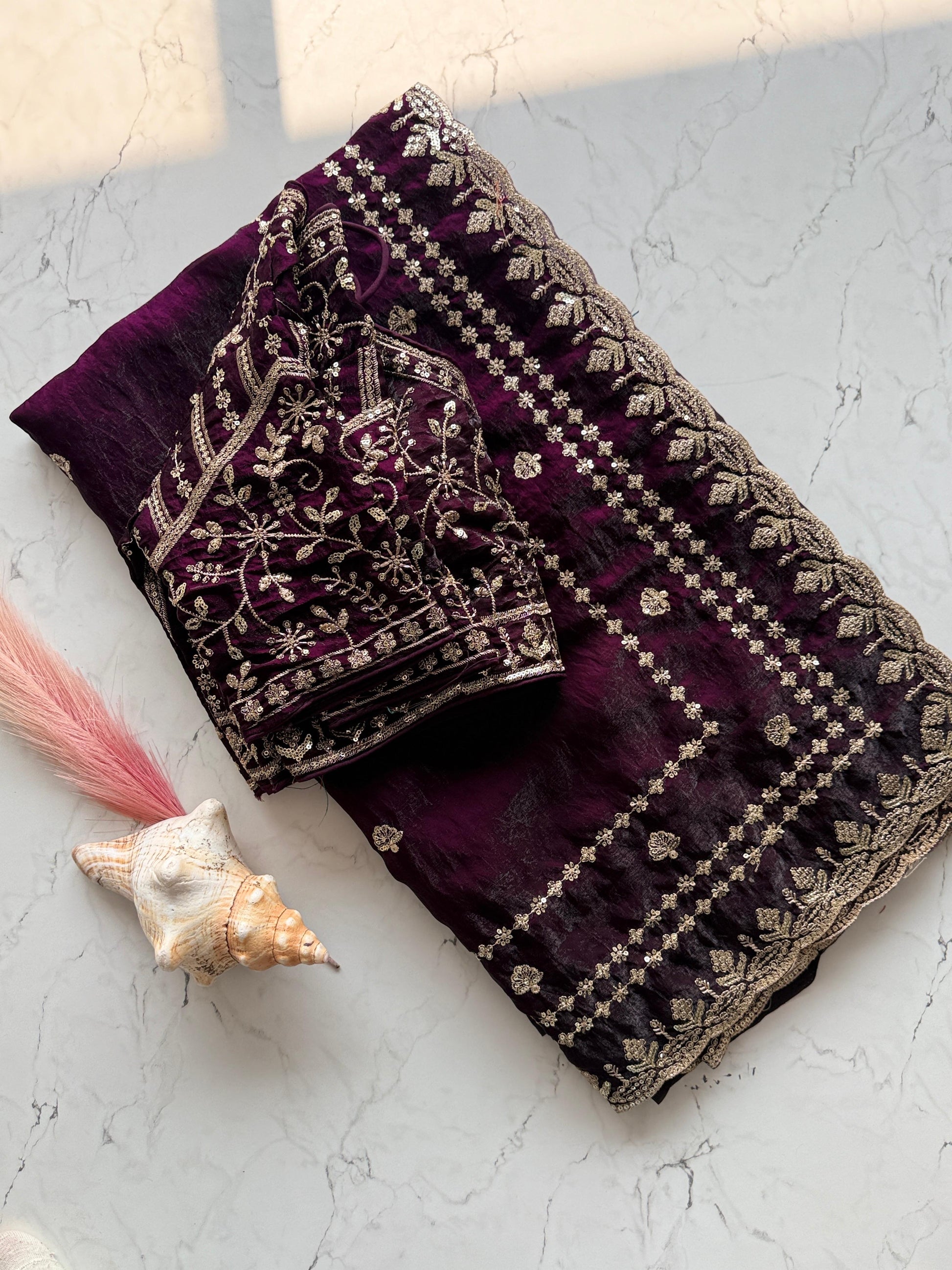 Premium Fandy satin saree with heavy sequence and zari work